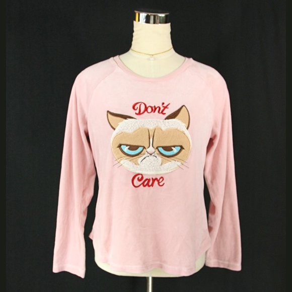 Grumpy Cat Don't Care Cat Face Pink Soft Velour Pajama Top Sleepwear - M - Picture 1 of 5
